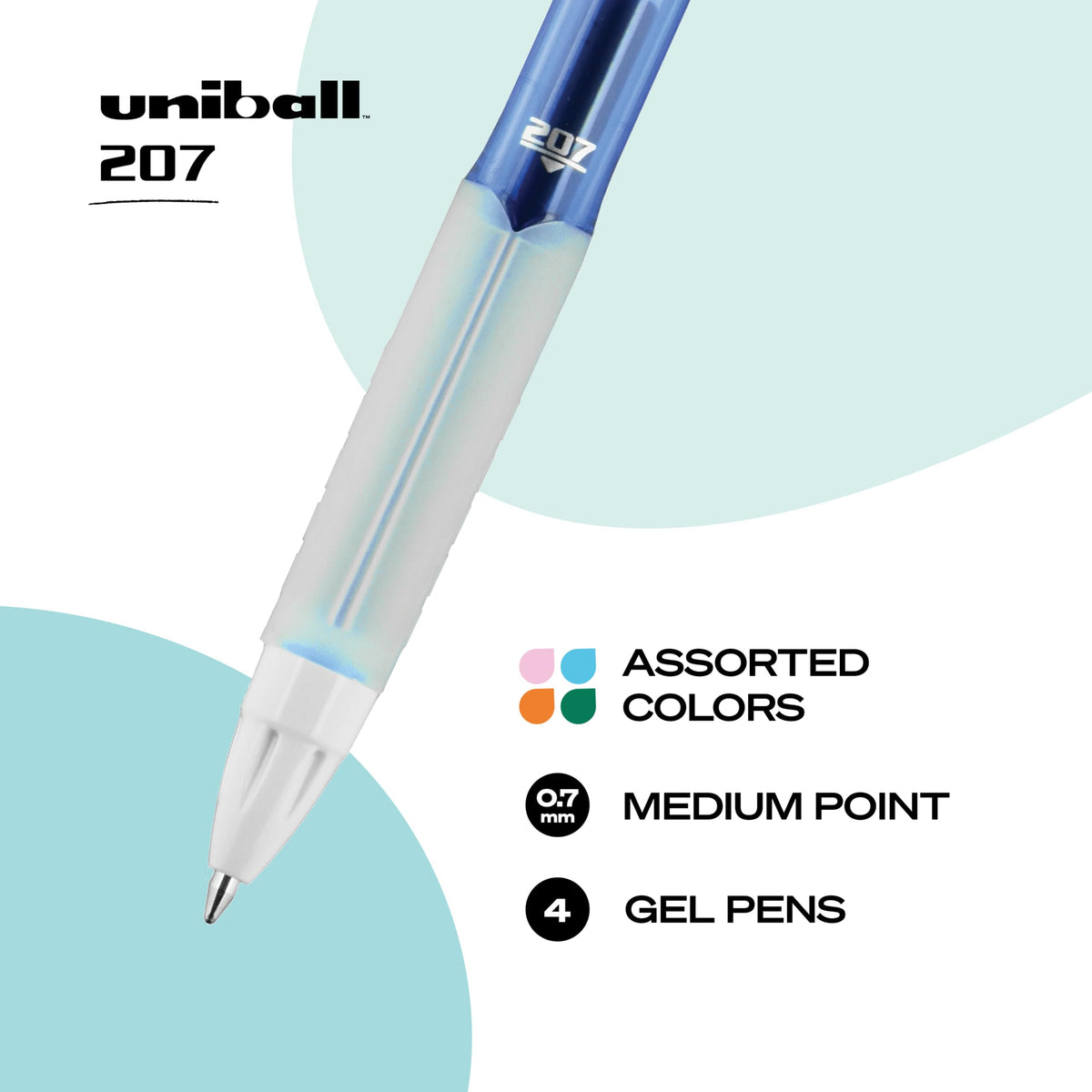 Uni-Ball 1739928 uni-ball 207 Colors Retractable Gel Pens, Medium Point (0.7mm), Assorted, 4 Count