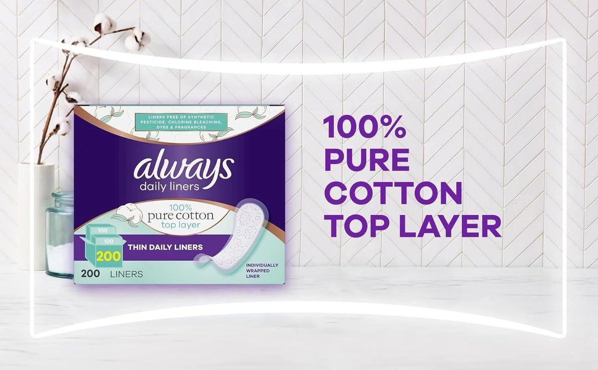 Always Pure Cotton Thin Daily Liners 200 Count (Pack of 2)