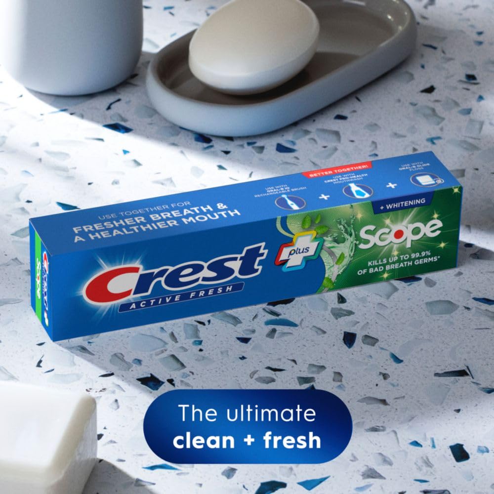 Crest Whitening Plus Scope, Complete Active Fresh + Whitening Toothpaste, 5.5oz, Toothpaste Sensitive Teeth, Pack of 4
