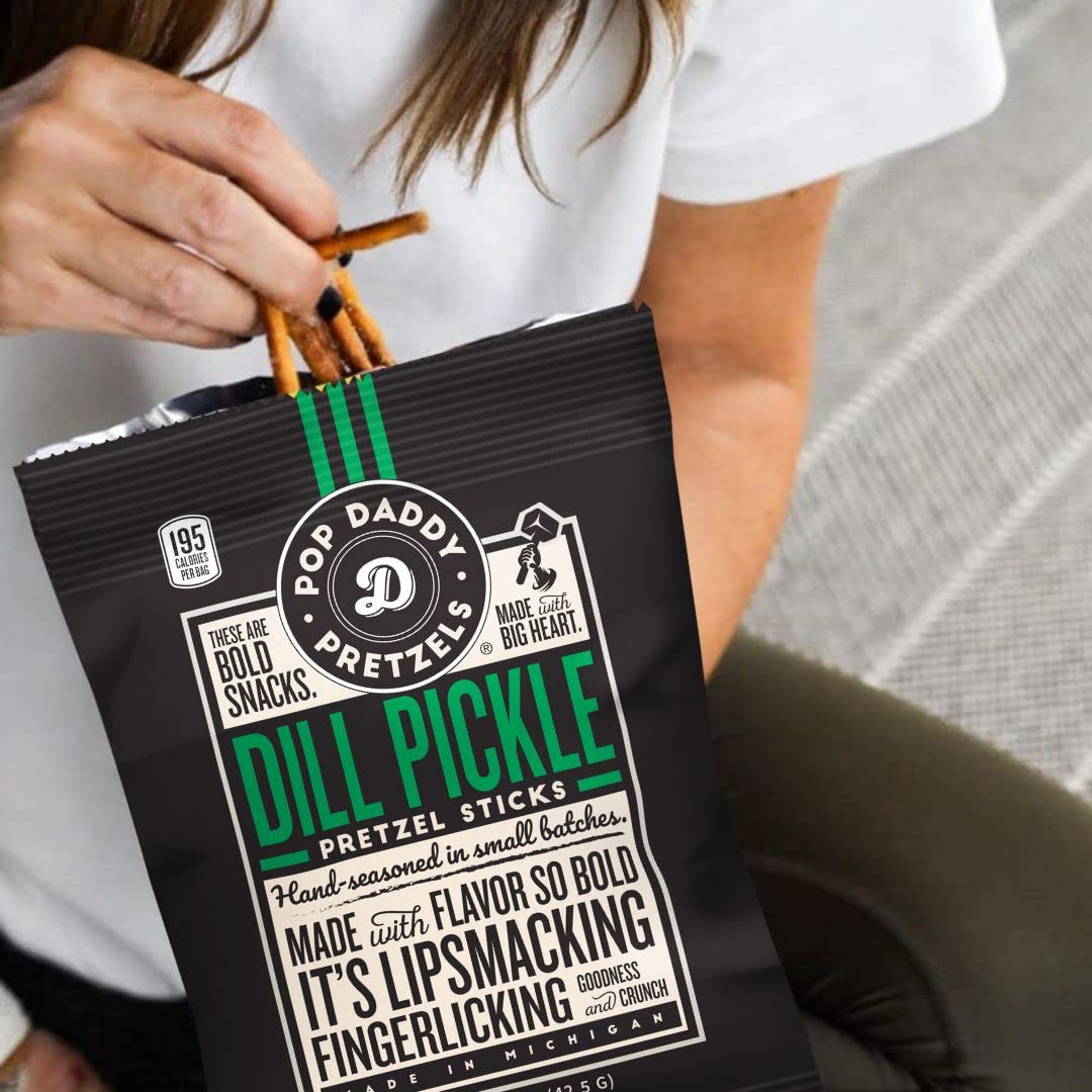 Pop Daddy Flavored Pretzels Sticks, Dill Pickle Flavor, 3oz Healthy Gourmet Pretzels Snacks, 15 Pack