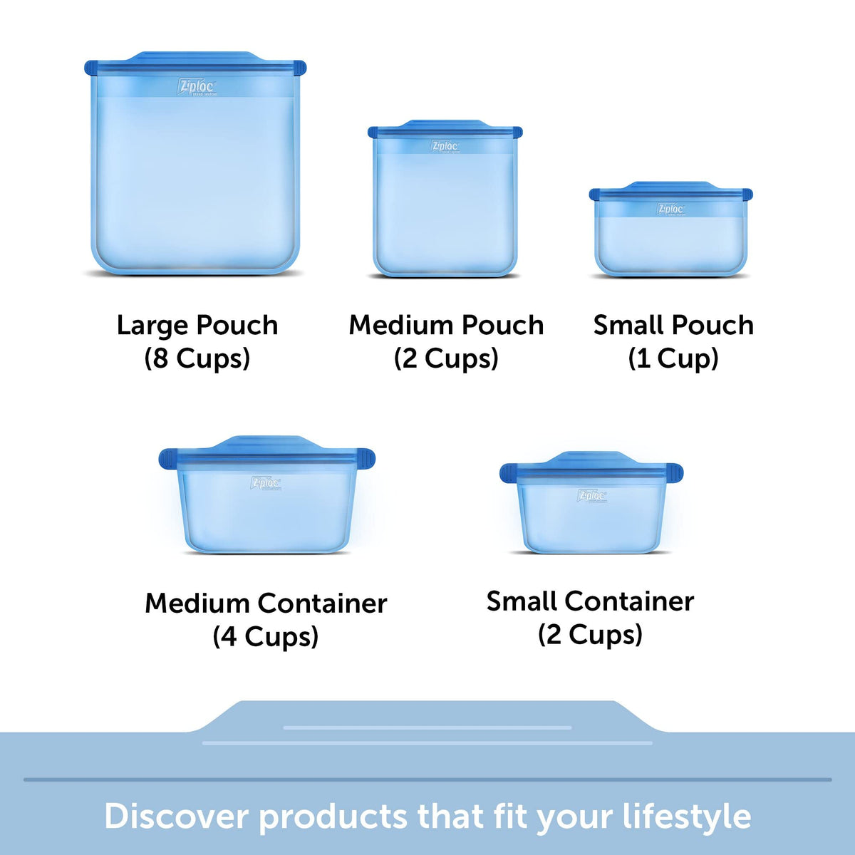 Ziploc Endurables Small Pouch, 1 Cup, Reusable Silicone Bags and Food Storage Meal Prep Containers for Freezer, Oven, and Microwave, Dishwasher Safe, 2 Pack