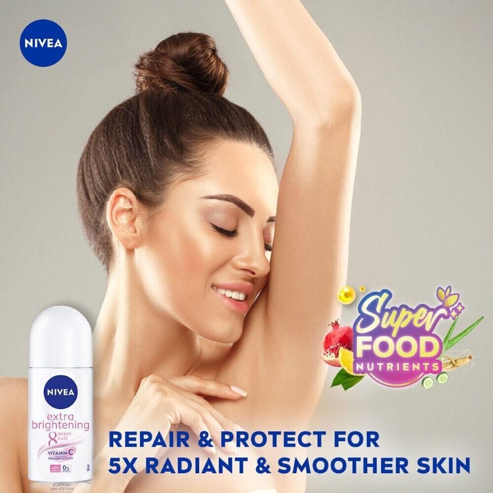 Nivea Extra Brightening 8 Super Food, Vitamin C Collagen Booster Underarm Roll on Deodorant, Size 50 ml, 1.69 Oz (Pack Of 2)