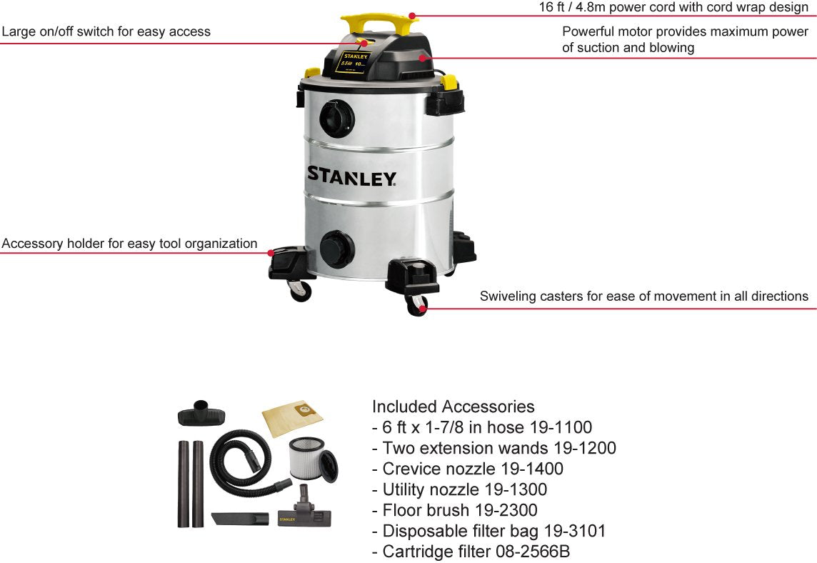 Stanley SL18156 Stainless Steel Wet/Dry Vacuum Cleaner, 10-Gallon