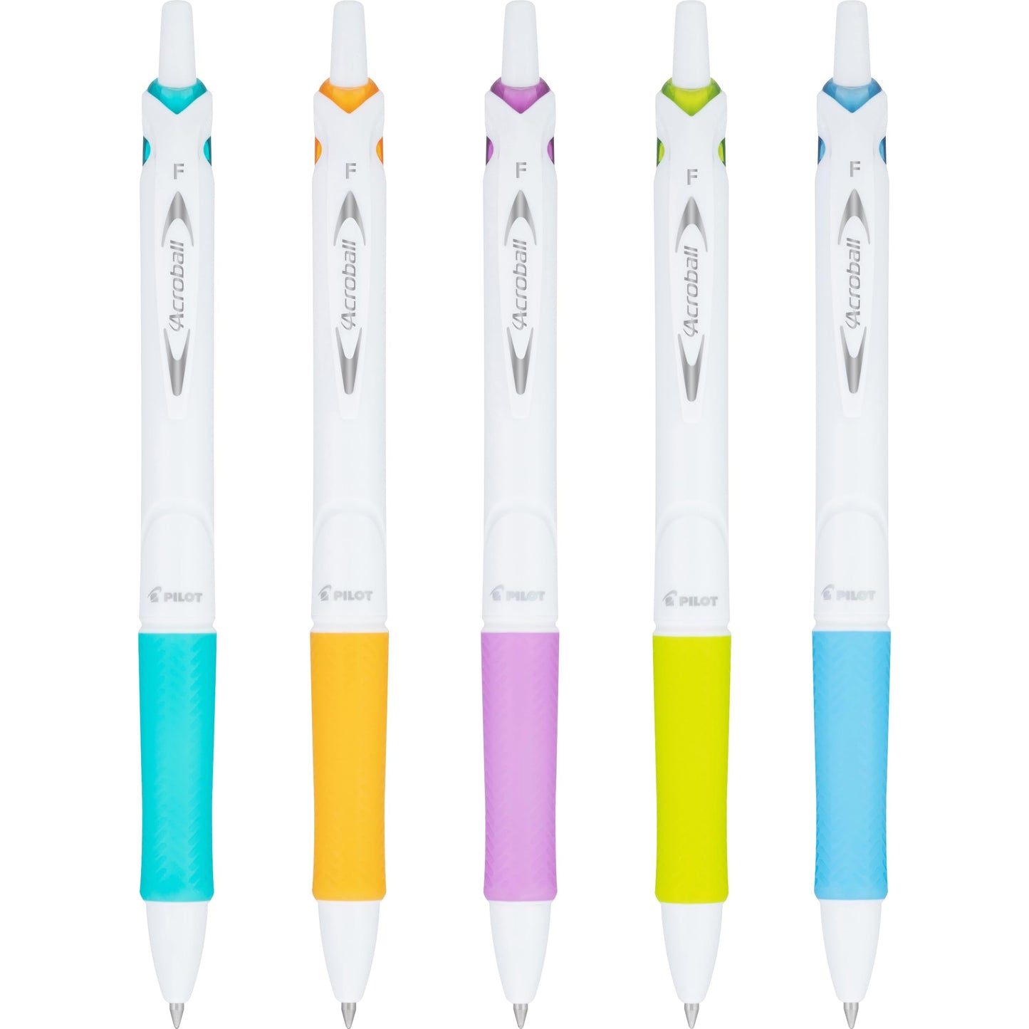PILOT Acroball PureWhite Advanced Ink Refillable & Retractable Ball Point Pens with Turquoise/Orange/Purple/Lime/Blue Accents, Fine Point, Black Ink, 5-Pack (31861)
