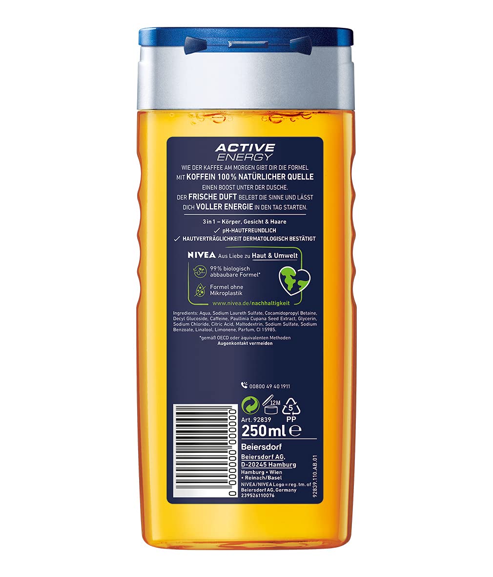 NIVEA MEN Active Energy Shower Gel (250ml), Refreshing Shower Gel with Natural Caffeine, Revitalising Shower for Body, Face and Hair