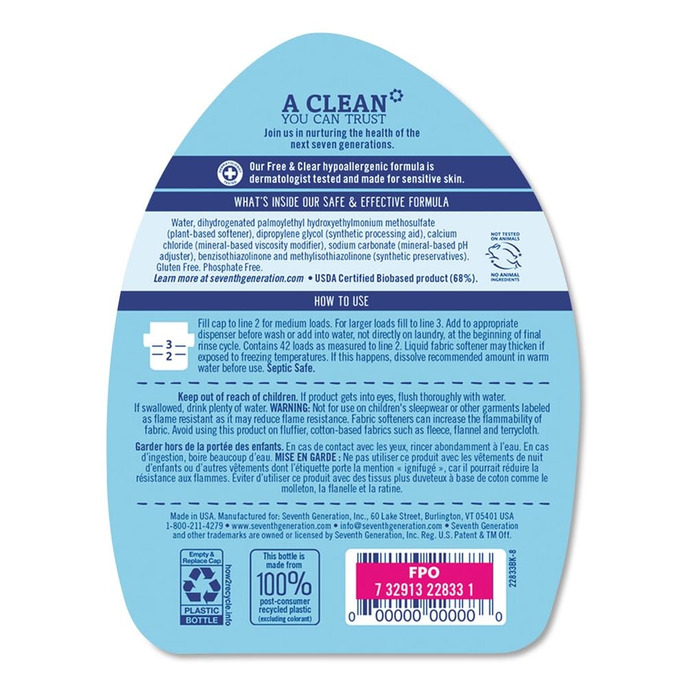 Seventh Generation Laundry Fabric Softener Liquid, Free & Clear, Reduces Static, 32 Fl Oz