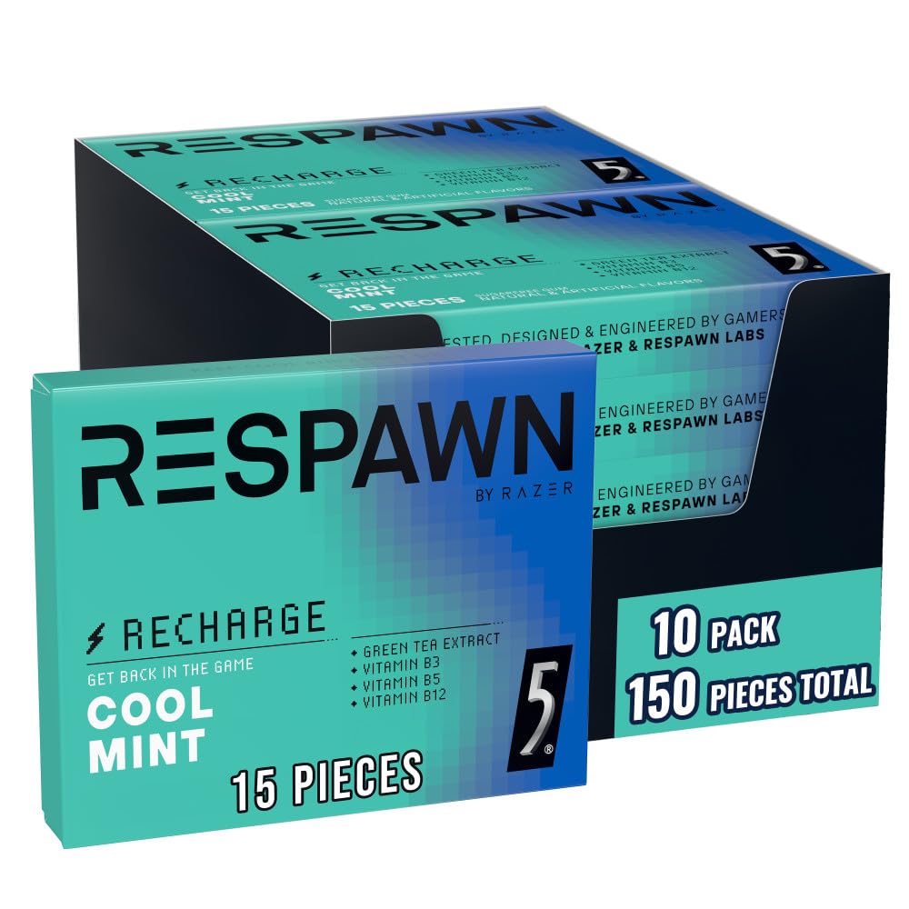 RESPAWN BY RAZER, Energy and Focus Gum, 5 Gum, Sugar-Free, Cool Mint, 10 Pack Bulk Box