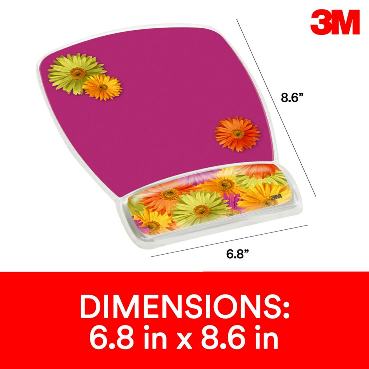 3M Precise Mouse Pad with Gel Wrist Rest, Soothing Gel Comfort with Durable, Easy to Clean Cover, Optical Mouse Performance, Daisy Design (MW308DS)