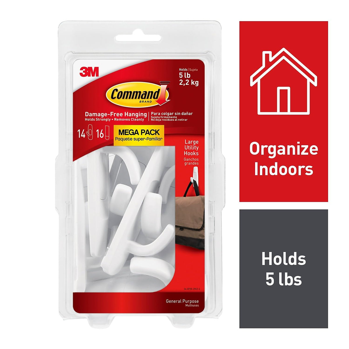 3M Command 17003Mpes General Purpose Plastic Hooks, Large, 5Lb Cap, White, 14 Hooks & 16 Strips/Pack