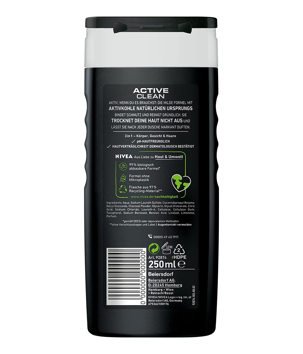 Nivea Men Active Clean Shower Gel (250 ml), Effective Shower Gel with Natural Activated Charcoal, Refreshing Shower for the Body, Face and Hair