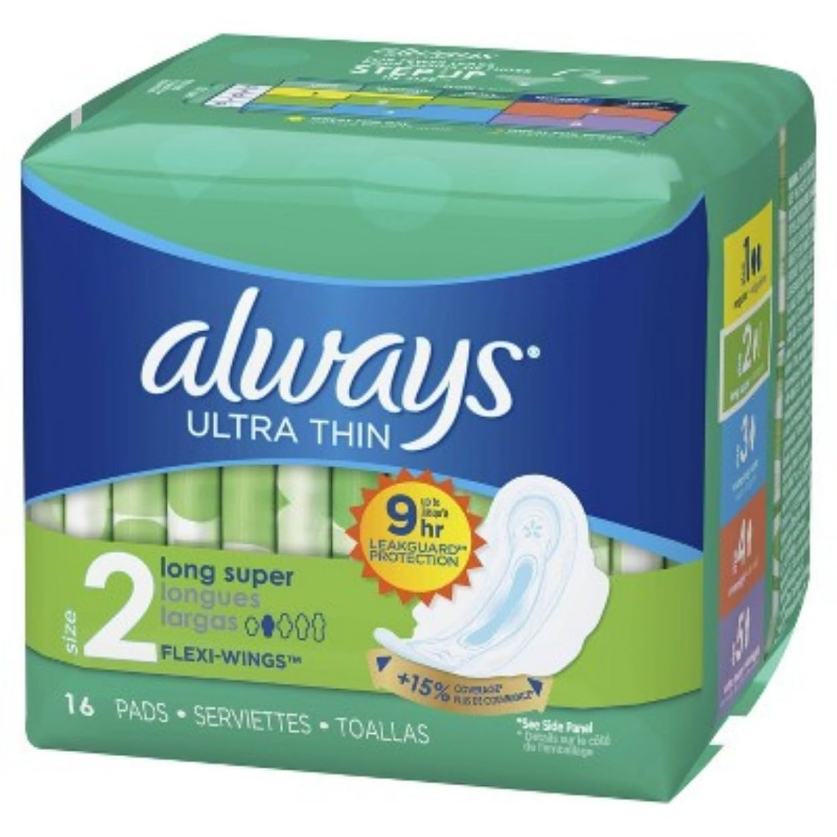Always Ultra Thin Long/Super With Wings Unscented Pads, White, 16 Count