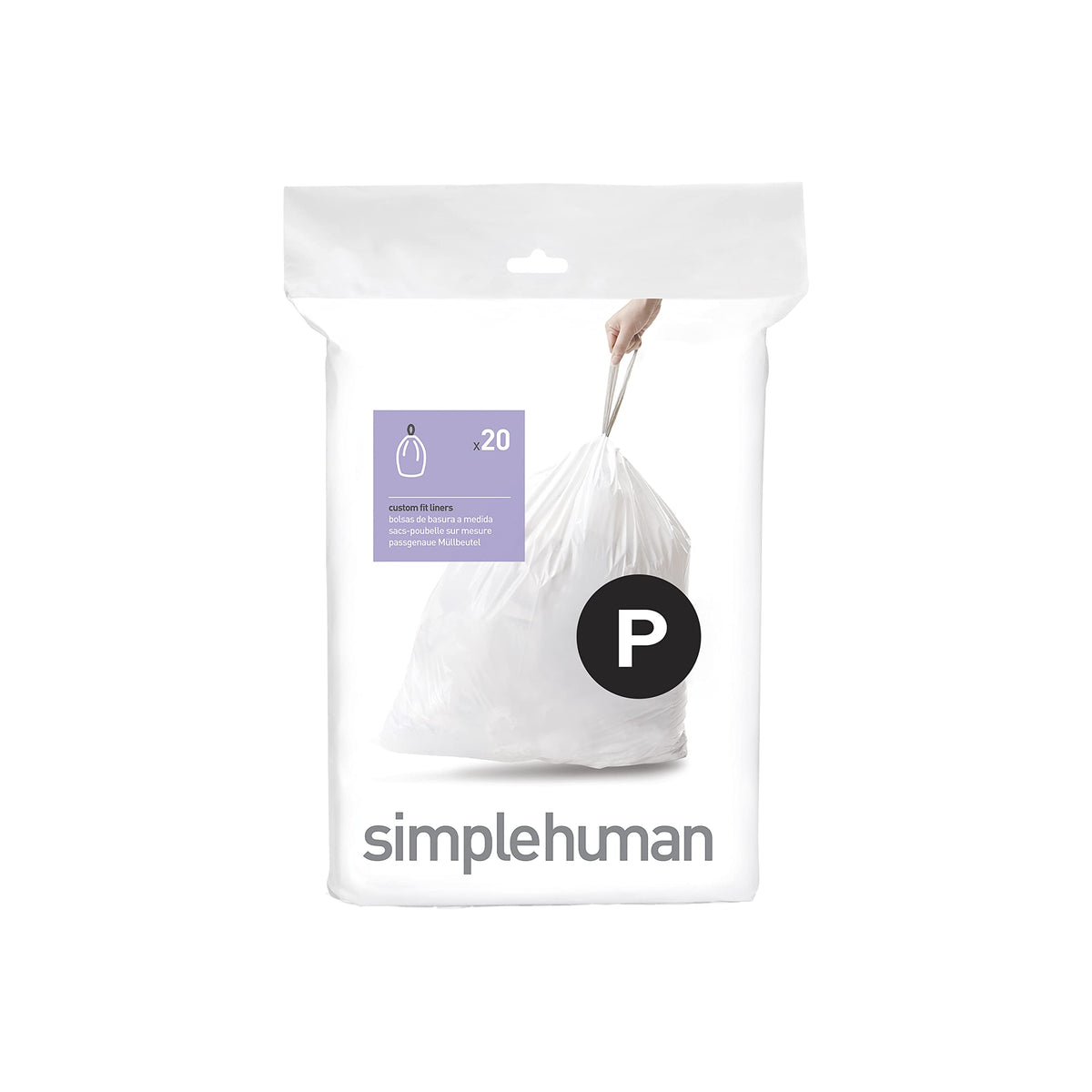 simplehuman Code P Custom Fit Drawstring Trash Bags, 50 -60 L / 13-16 Gallon, 1 Refill Pack (20 Count)
