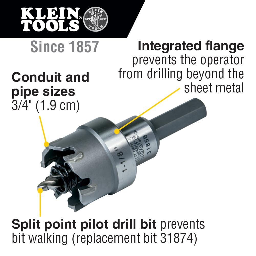 Klein Tools 31856 Heavy Duty Hole Cutter, 1-1/8-Inch Carbide Hole Cutter Cuts Stainless Steel, Mild Steel, Iron, and Copper