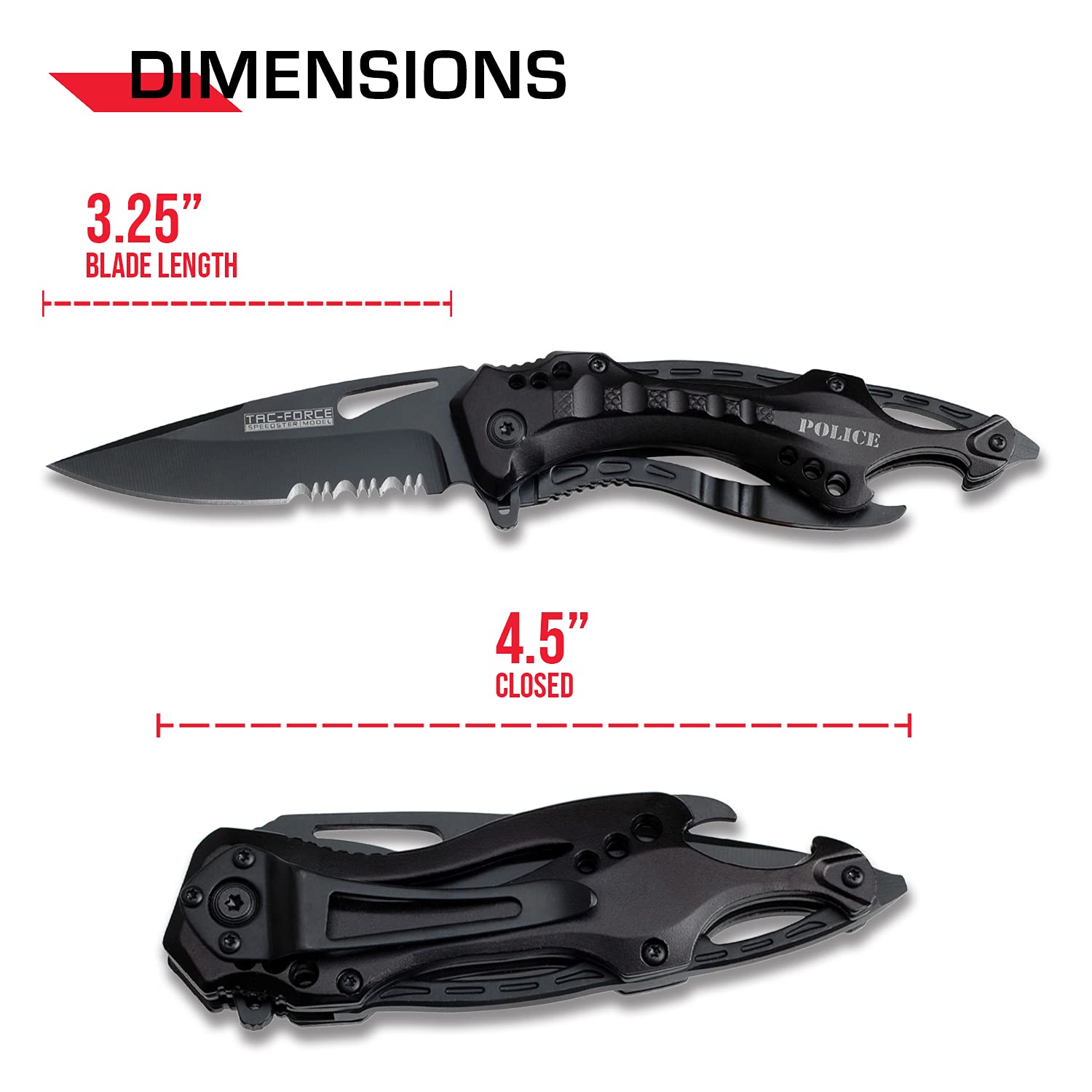 TAC Force- Spring Assisted Folding Pocket Knife â€“ Black Stainless Steel Blade with Black Aluminum Handle, Bottle Opener, Glass Punch and Pocket Clip, Tactical, EDC, Rescue - TF-705 , 3.25 inch blade
