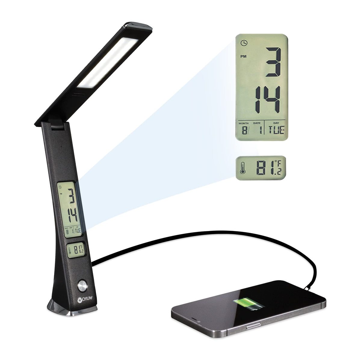 Prevention by OttLite LED Task Adjustable Lamp with Digital Display - Designed to Reduce Eyestrain - Adjustable Neck, 3 Color Modes & USB Charging - Crafting, Office Work, Reading & Studying