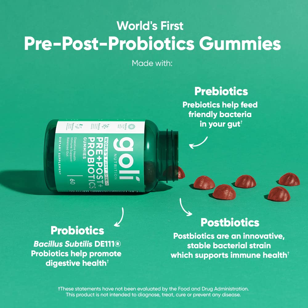 Goli Nutritional Supplement, Pre+Post+Probiotics Gummy - 60 Count - World's First 3-in-1 Gluten-Free, Vegan, Non-GMO, and Gelatin-Free.