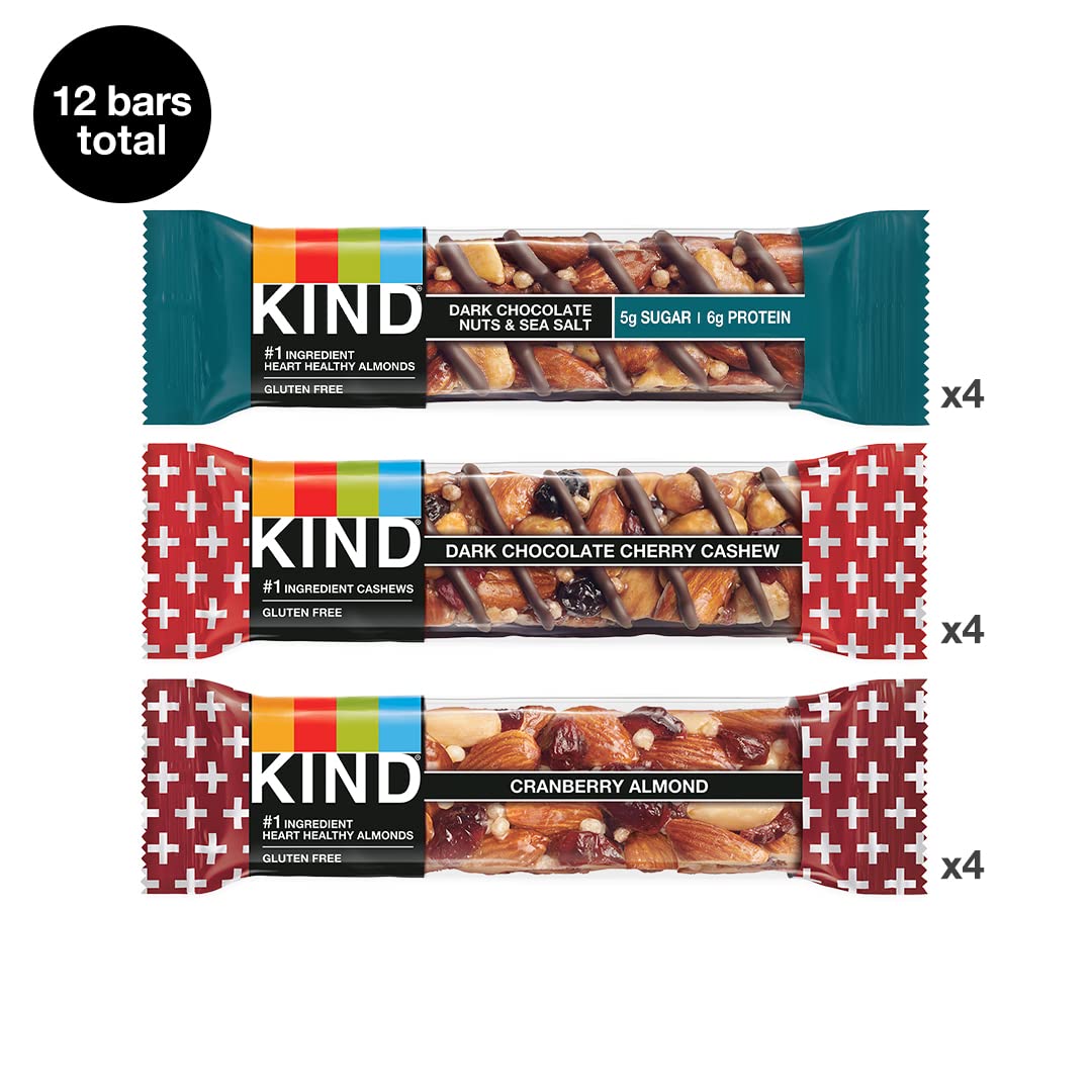 KIND Nut Bars, Cranberry Almond, Dark Chocolate Nuts & Sea Salt, and Dark Chocolate Cherry Cashew, Healthy Snack Bars, Gluten Free, Low Sugar, 4-6g Protein, 12 Count