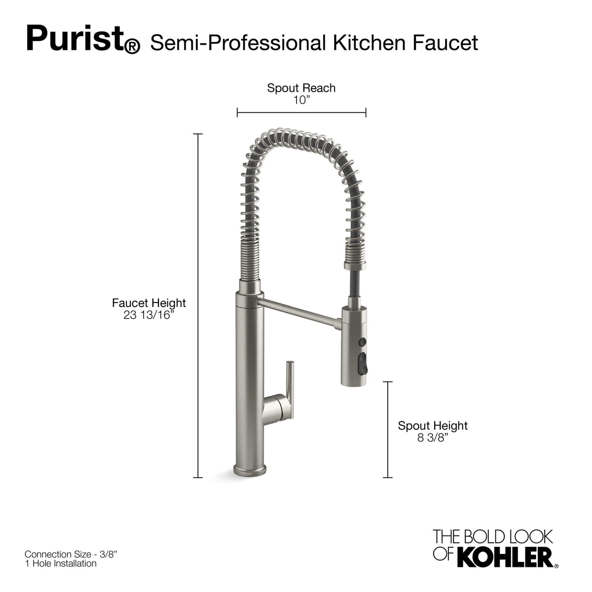 KOHLER 24982-VS Purist Commercial Kitchen Faucet with 3-Function Pull Down Sprayer, Vibrant Stainless