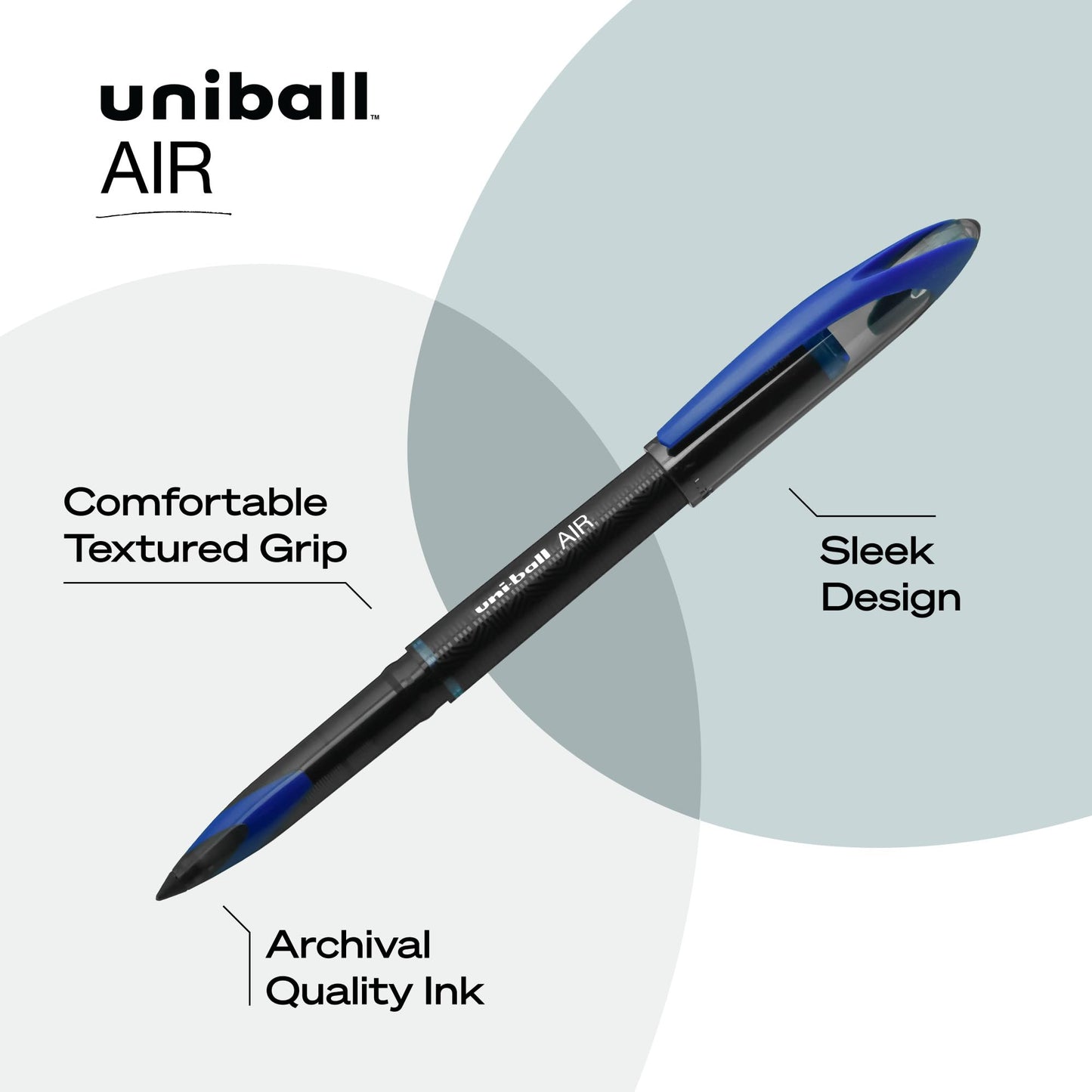 uniball Air Porous Roller Ball Pen, Stick, Medium 0.7 Mm, Blue Ink, Black Barrel, Dozen