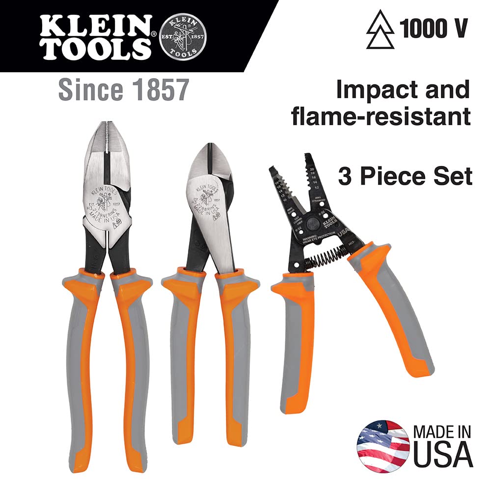 Klein Tools 9416R 1000V Insulated Plier and Wire Stripper Tool Kit, Made in USA, Side-Cutter, Diagonal-Cutter and Wire Stripper, 3-Piece