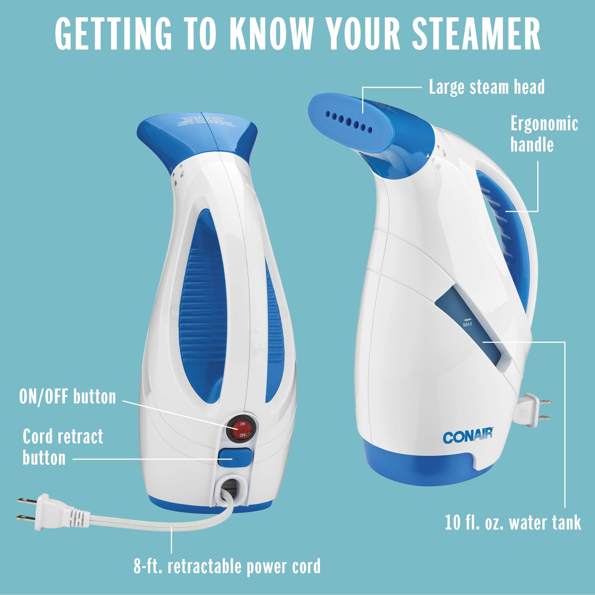 Conair CompleteSteam 1100 Watt Handheld Fabric Steamer with CordReel, White