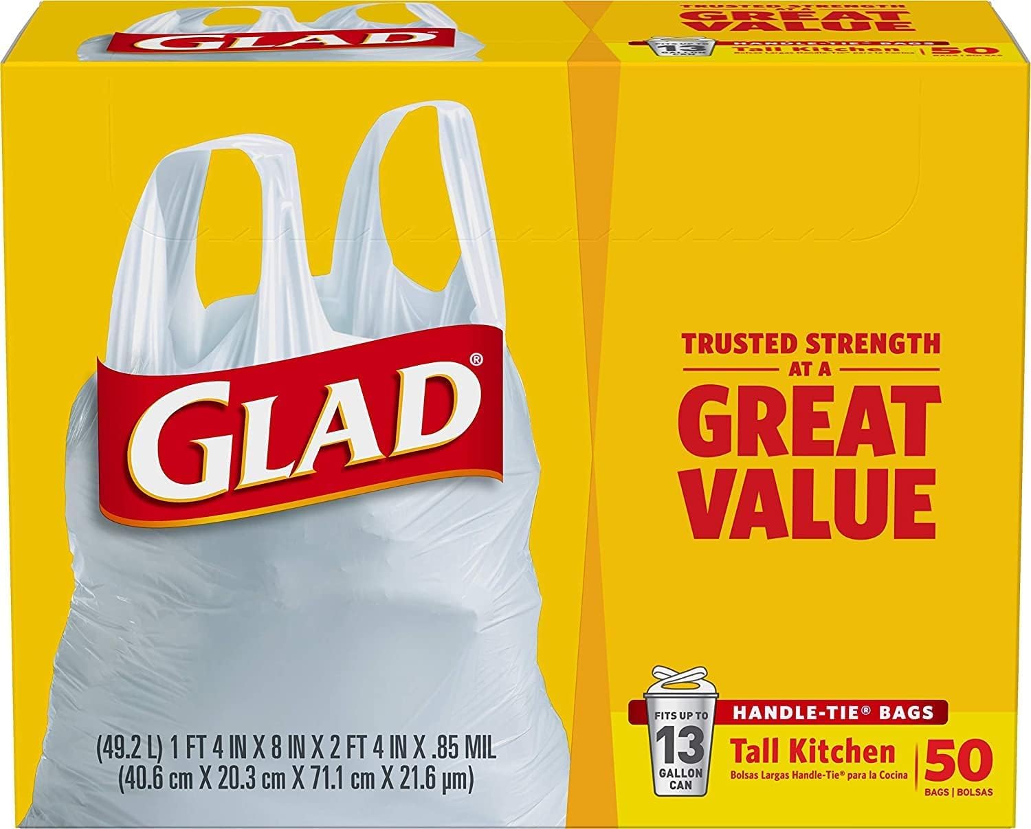 Glad Tall Kitchen Handle-Tie Trash Bags 13 Gallon White 50.0 ea (pack of 2)