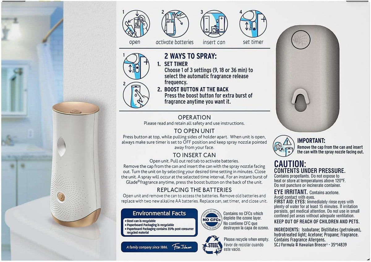 Glade, Automatic Spray Air Freshener 1 Holder + 3 Refills - Aqua Wves - 18.6 Ounce