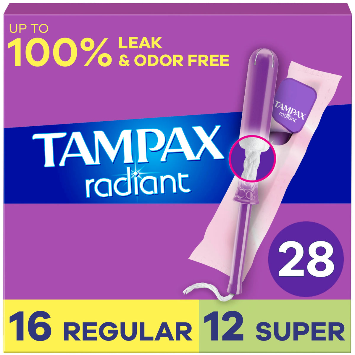 Tampax Radiant Tampons Multipack, with LeakGuard Braid, Regular/Super Absorbency, Unscented, 28 Count
