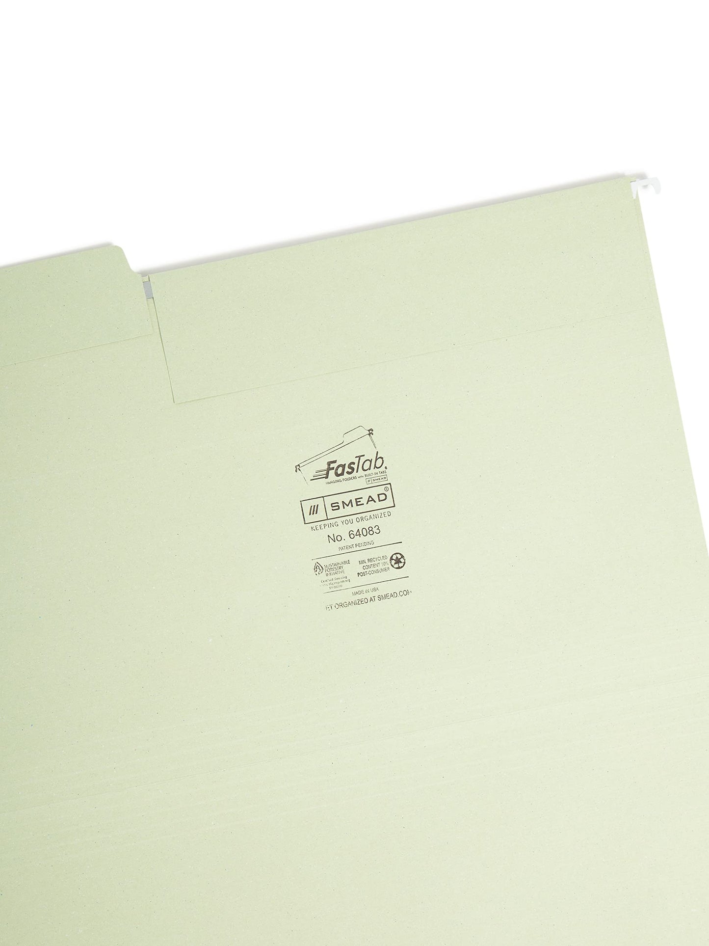 Smead FasTab Hanging File Folder, 1/3-Cut Built-in Tab, Legal Size, Moss, 20 per Box (64083)