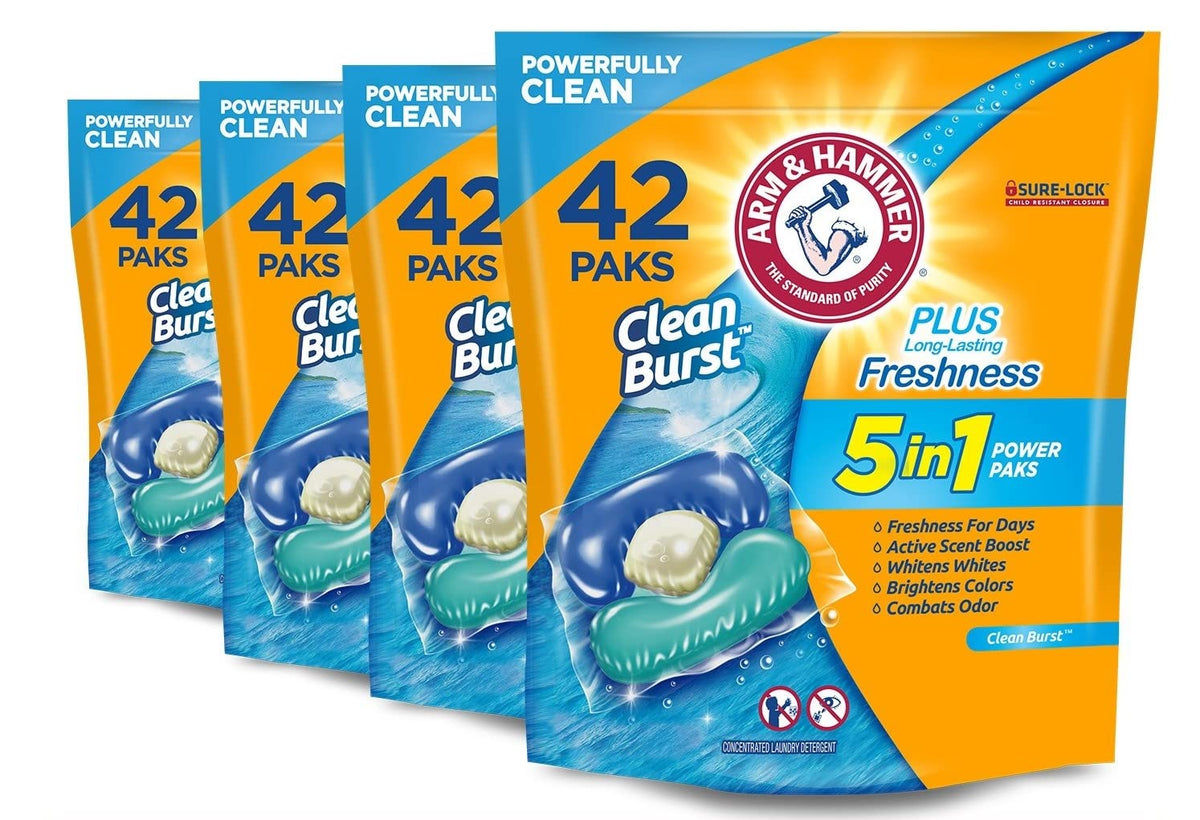 Arm & Hammer Clean Burst 5-In-1 Laundry Detergent Power Paks, 42 Count x 4 Pack