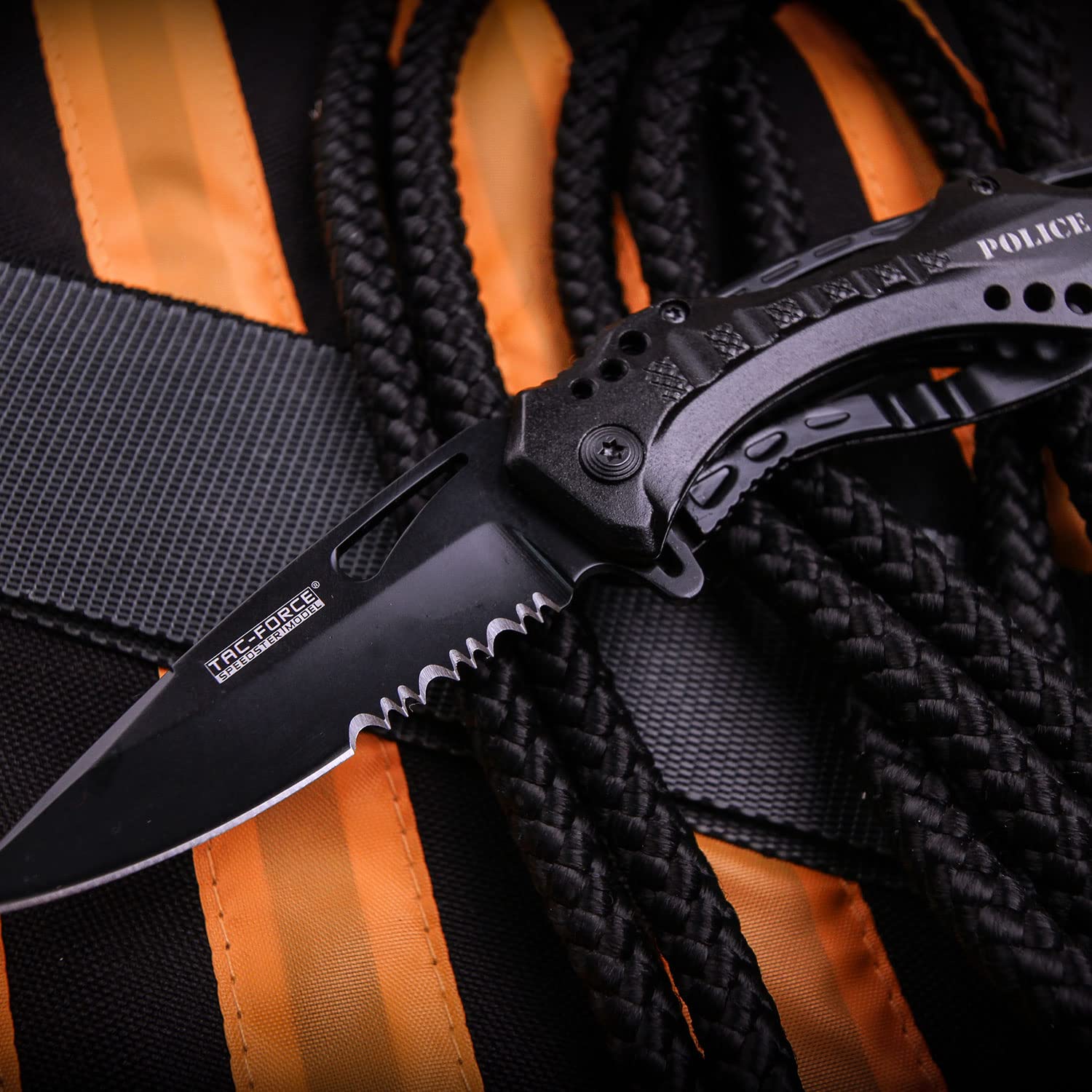 TAC Force- Spring Assisted Folding Pocket Knife â€“ Black Stainless Steel Blade with Black Aluminum Handle, Bottle Opener, Glass Punch and Pocket Clip, Tactical, EDC, Rescue - TF-705 , 3.25 inch blade
