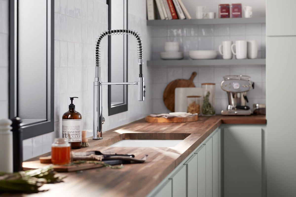 KOHLER 24982-VS Purist Commercial Kitchen Faucet with 3-Function Pull Down Sprayer, Vibrant Stainless