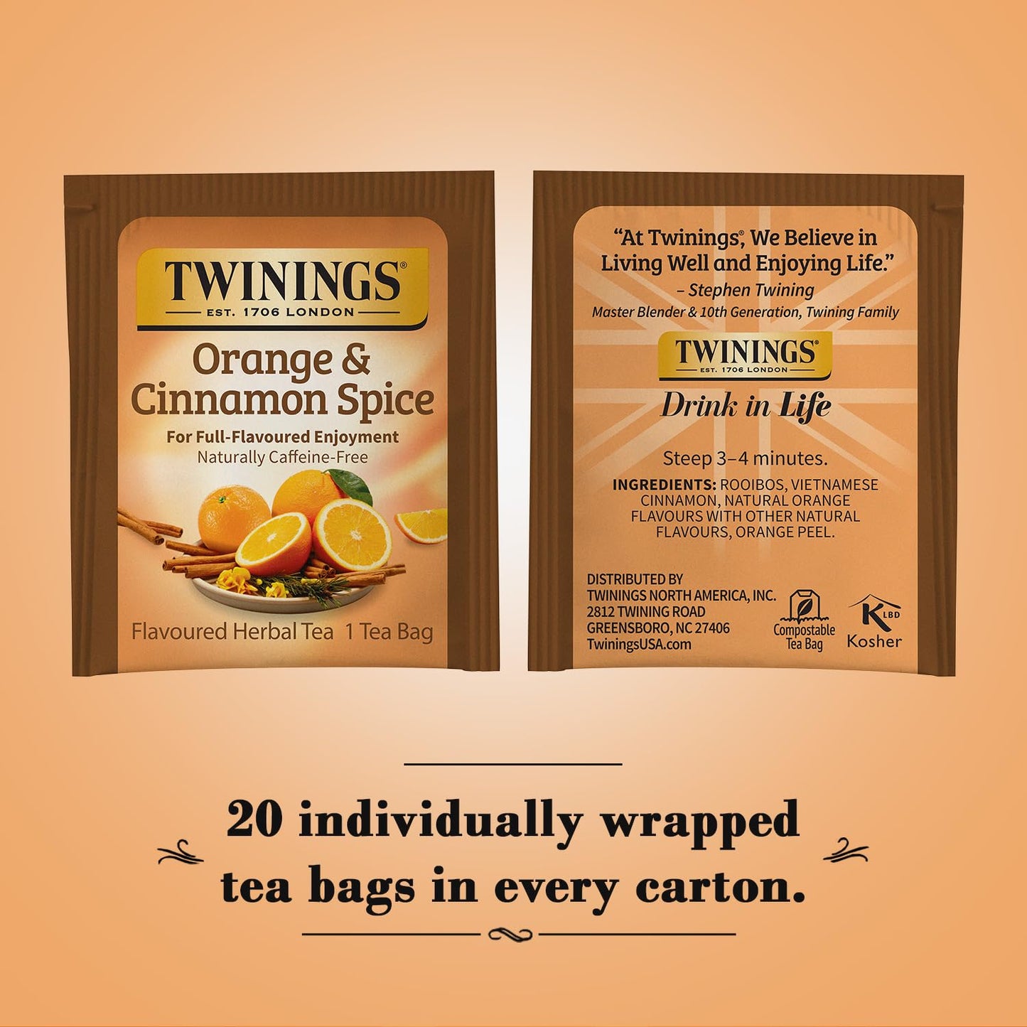 Twinings Orange & Cinnamon Spice Tea, Naturally Caffeine-Free Sweet and Spicy Tea with Rooibos, Orange, and Cinnamon, Herbal Tea Bags Individually Wrapped, 20 Count