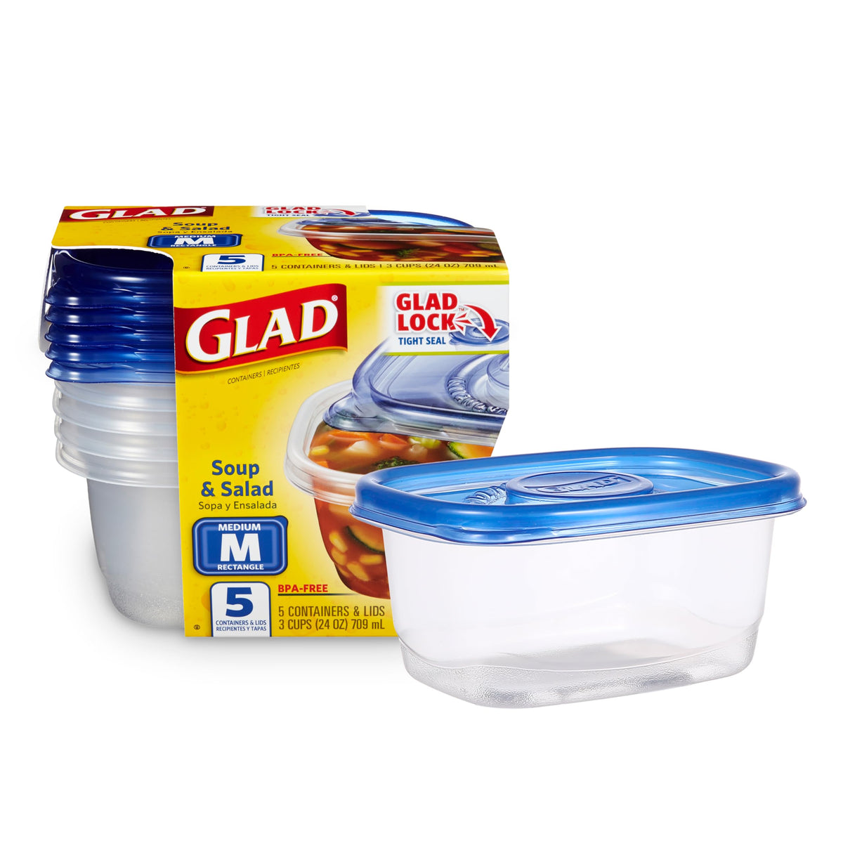 GladWare Soup & Salad Everyday Use, Medium Rectangle Storage, Standard, 24 Oz, 5 Count