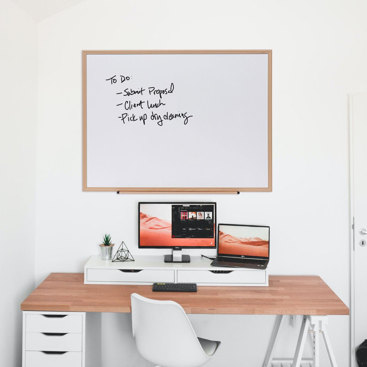 Universal UNV43618 48 in. x 36 in. Deluxe Melamine Dry Erase Board - Melamine White Surface, Oak Fiberboard Frame