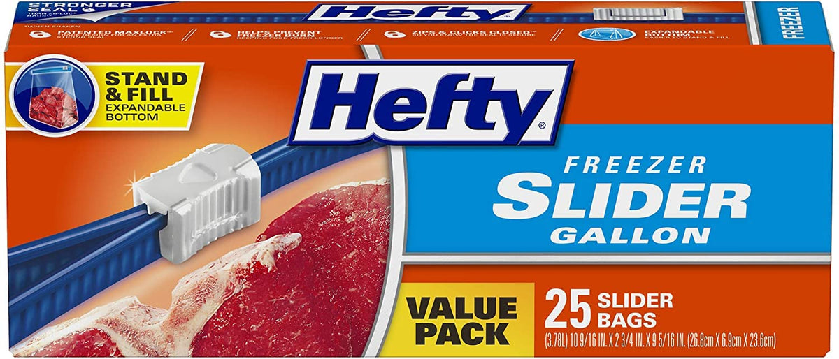 Hefty Slider Freezer Bags, Gallon, Value Pack, 25 Count (Pack of 2) 50 Bags Total