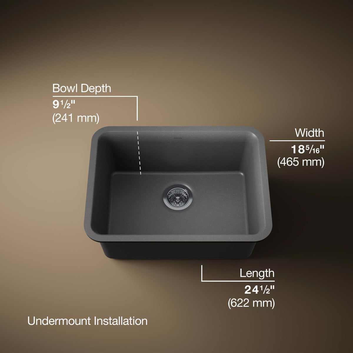 KOHLER 28001-CM7 Cairn Sink, 24 in, Matte Graphite