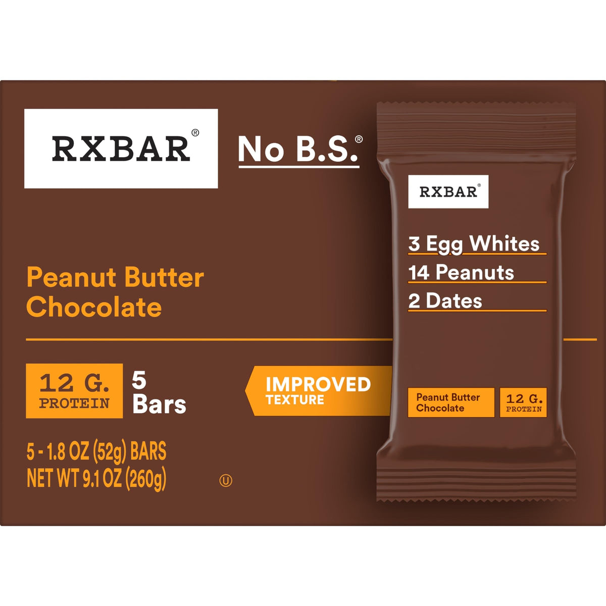 RXBAR Protein Bars, Protein Snack, Snack Bars, Peanut Butter Chocolate, 9.1oz Box (5 Bars)