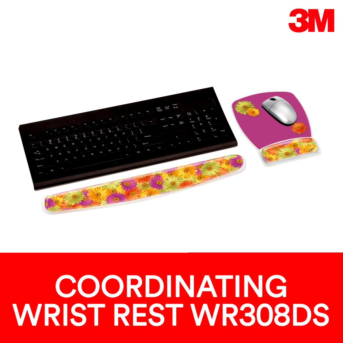 3M Precise Mouse Pad with Gel Wrist Rest, Soothing Gel Comfort with Durable, Easy to Clean Cover, Optical Mouse Performance, Daisy Design (MW308DS)