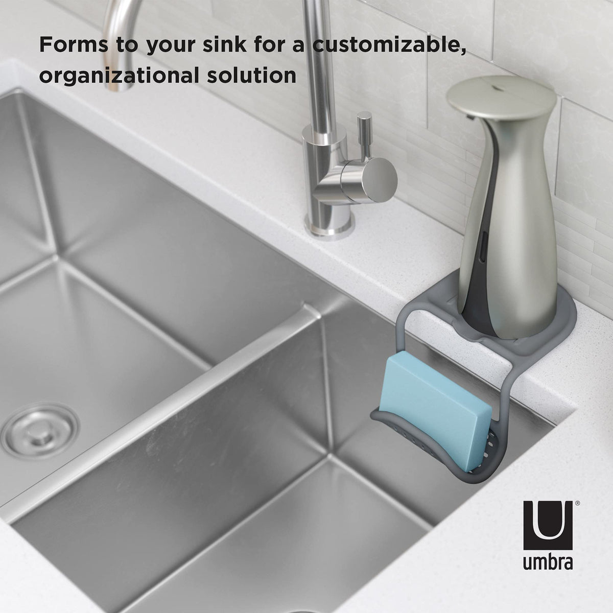 UMBRA Sling Kitchen Sink Caddy Sponge Holder, Hangs Over Edge or Divider, Double, Grey