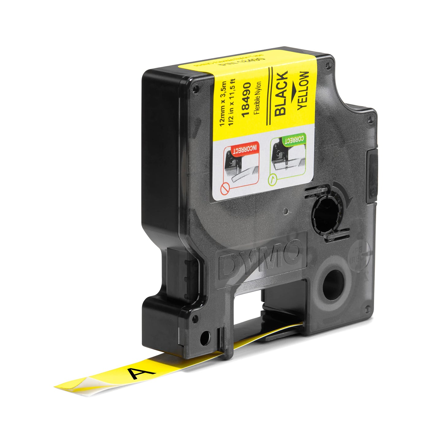 DYMO Rhino Industrial Flexible Nylon Labels, 1/2" x 11.5', Black Print on Yellow Tape