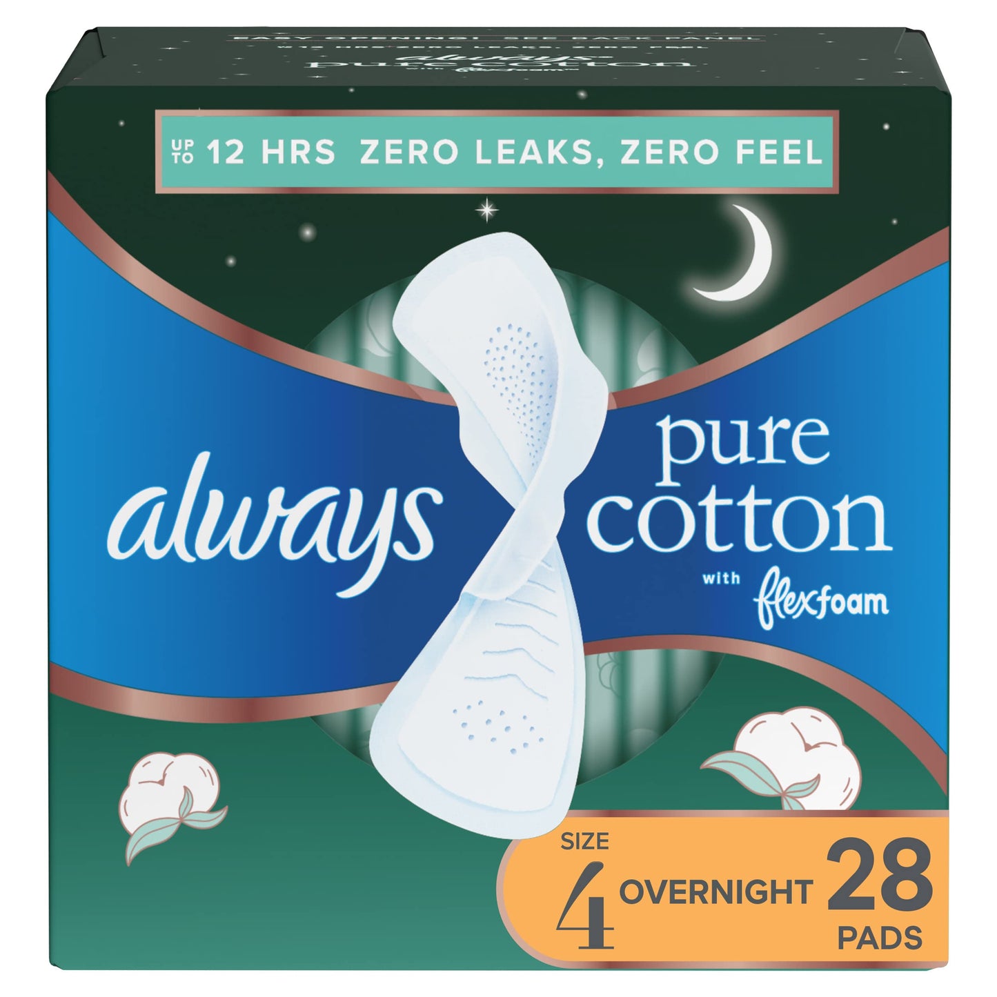 Always Pure Cotton Feminine Pads for Women, Size 4, with Wings, Unscented, 28 Count