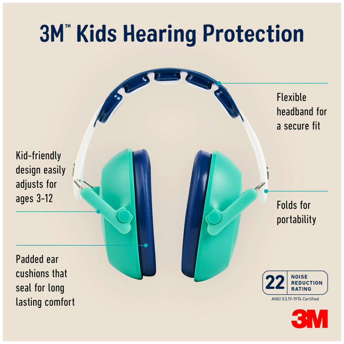 3M Kids Hearing Protection, Kids Ear Protection with Adjustable Headband, 22dB Noise Reduction Rating, Green