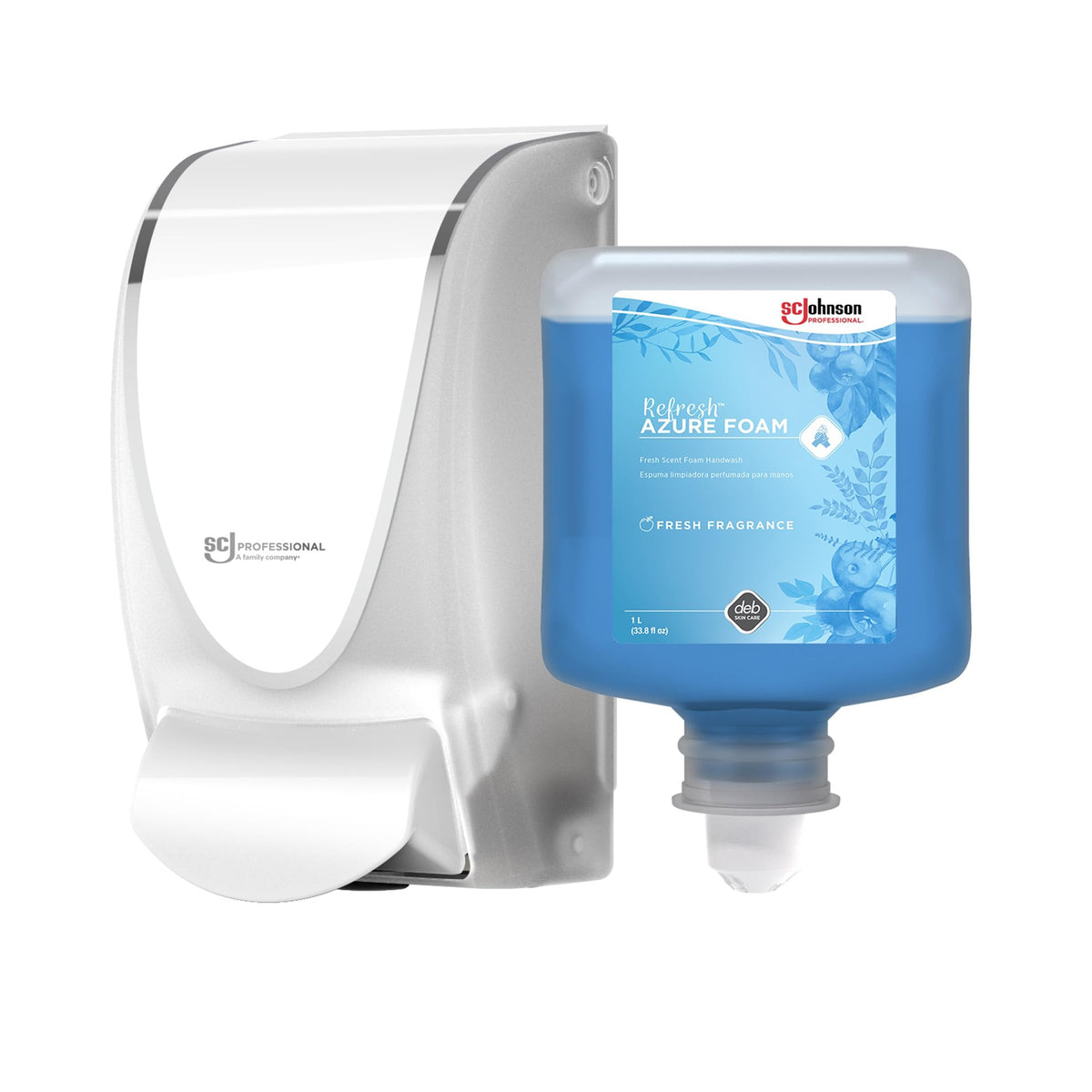 SC Johnson Professional Azure FOAM Dispenser and Refill Starter Kit, Wall Mount Soap Dispenser for Hand Soap, 1 Refresh Azure FOAM Hand Wash, 1 Liter Cartridge, 33.8 fl. oz., for Professional Use Only