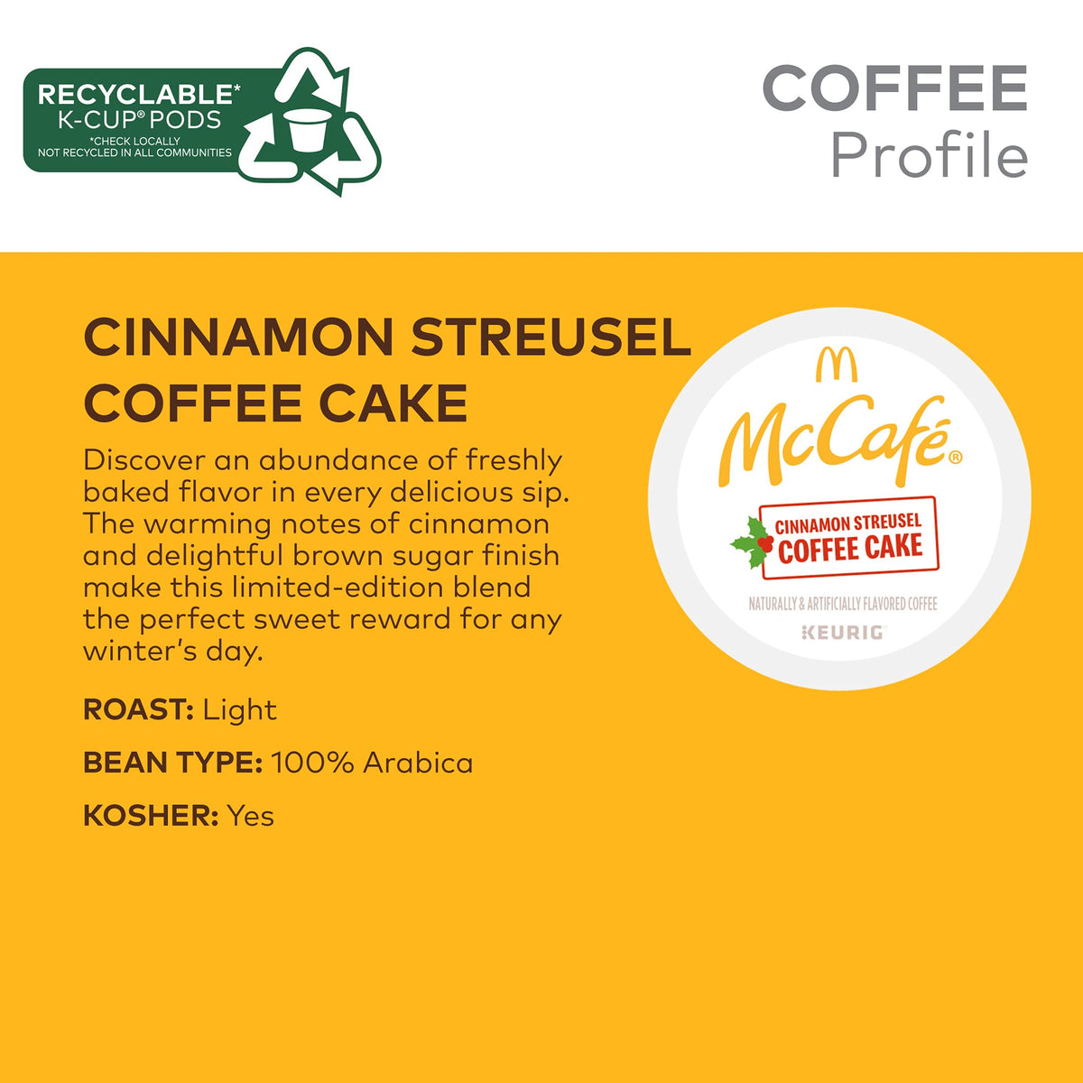 McCafe Cinnamon Streusel Coffee Cake Coffee, Keurig Single Serve K-Cup Pods, 72 Count