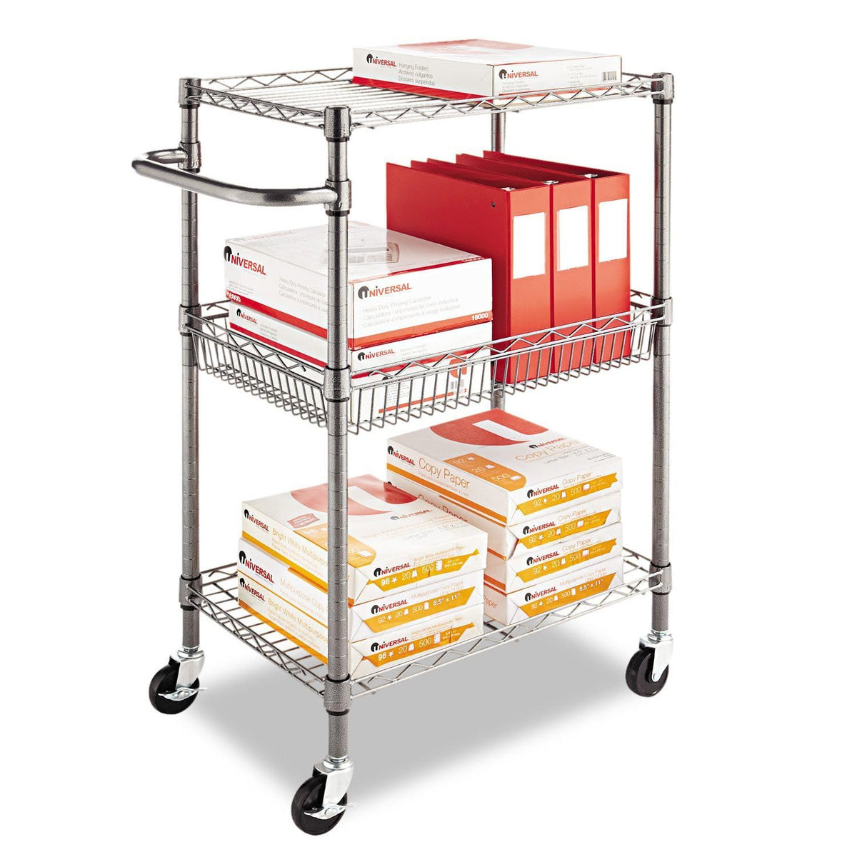 Alera Three-Tier Wire Rolling Cart, 28w x 16d x 39h, Black Anthracite