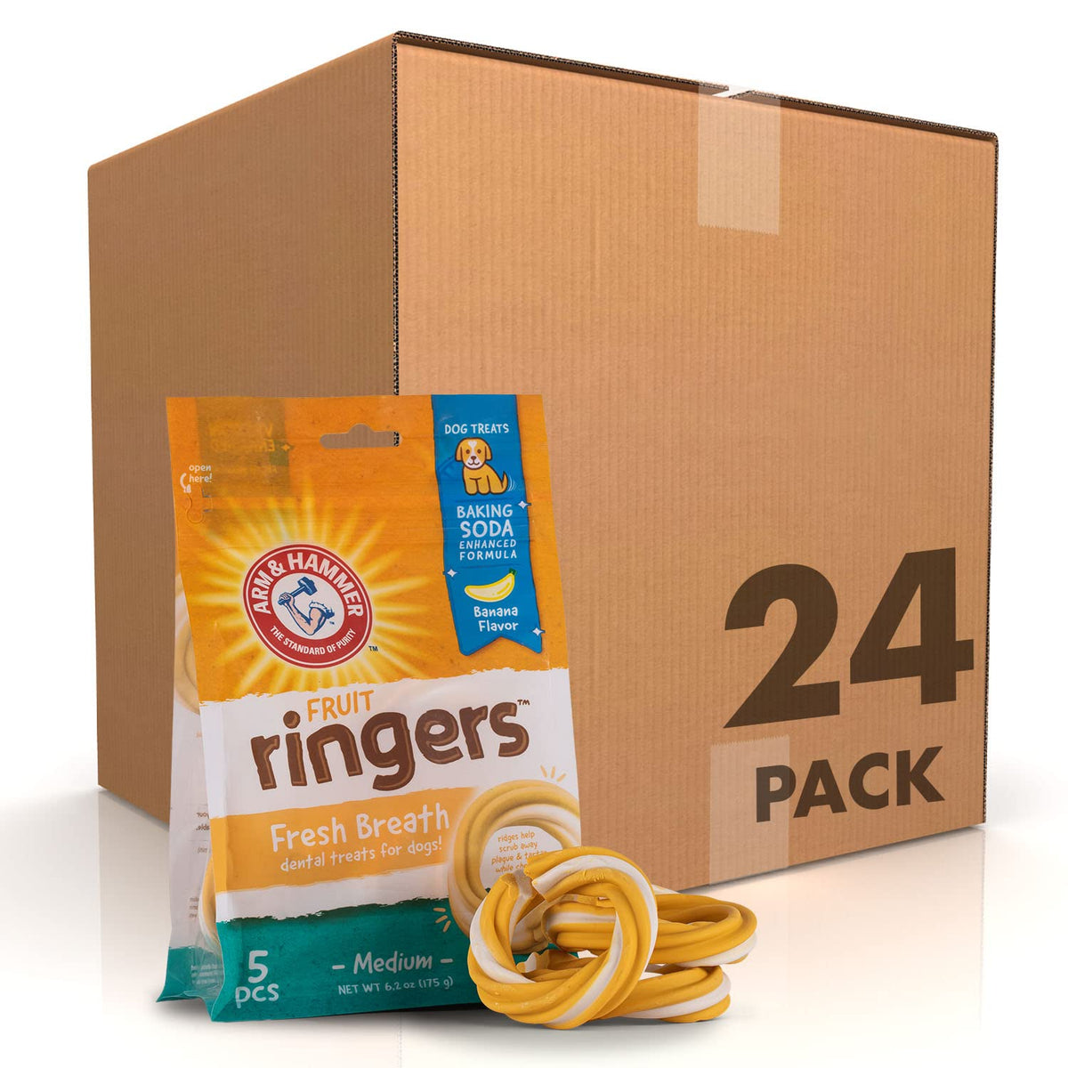Arm & Hammer for Pets Ringers Dental Treats for Dogs Dog Dental Chews Fight Bad Breath & Tartar Without Brushing Fruity Banana Flavor in Dog Treat Bag, 5Ct Dental Dog Chews, (Pack of 24)