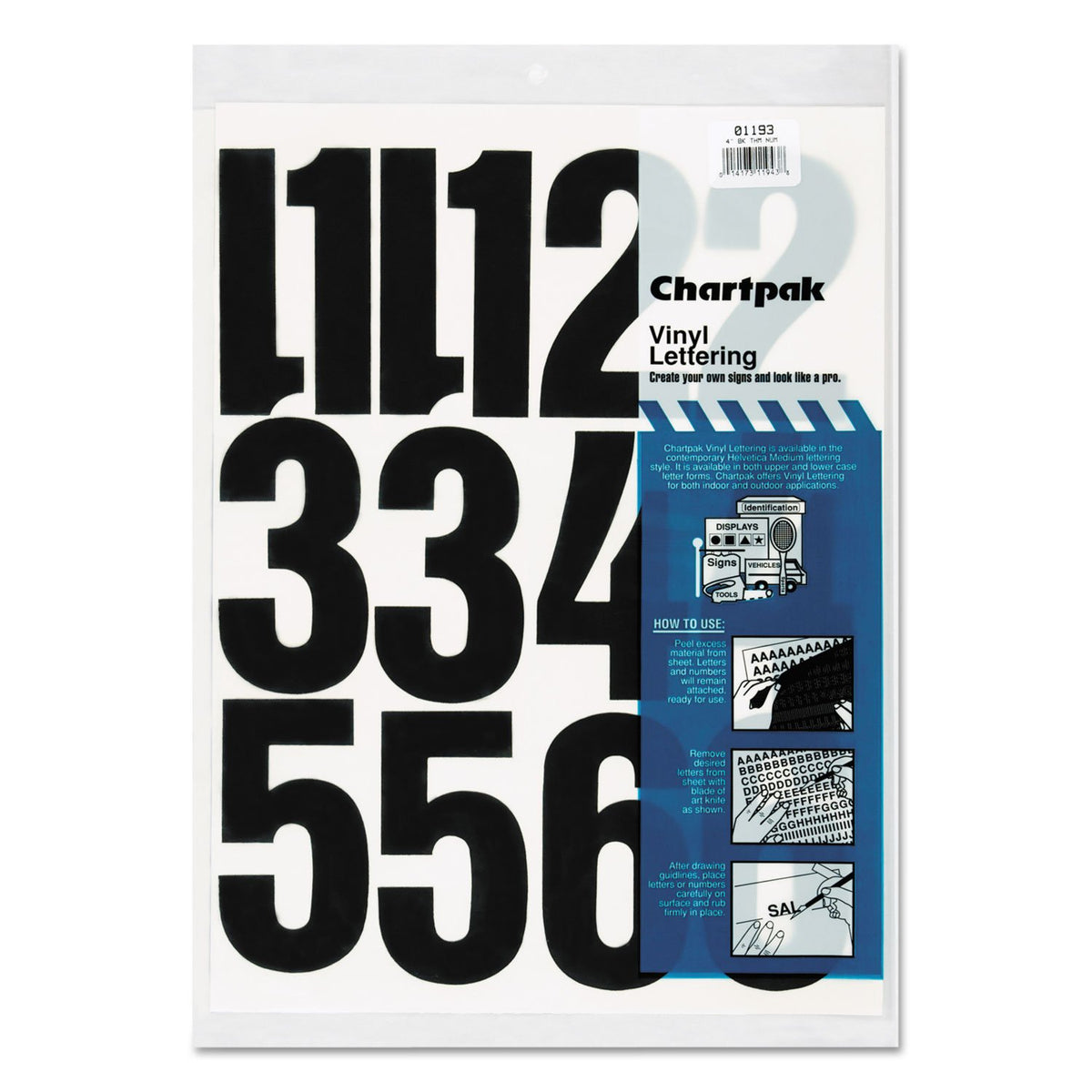 Chartpak Self-Adhesive Vinyl Numbers, 4" High, Black, 23 Per Pack (01193)