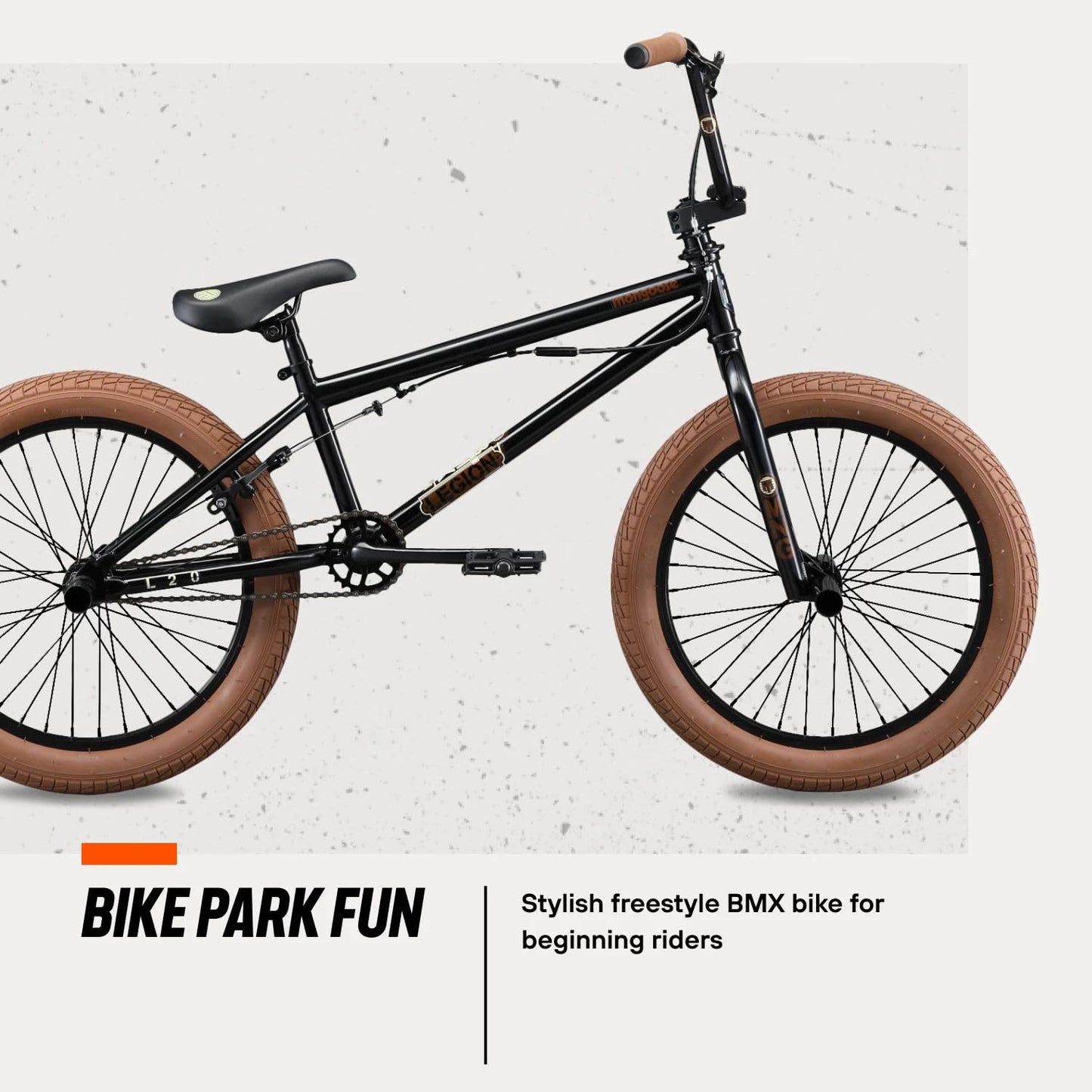 Mongoose Legion L20 Kids Freestyle BMX Bike, Intermediate Rider, Boys and Girls Bikes, 20-Inch Wheels with 4 Axle Pegs, Hi-Ten Steel Frame, Micro Drive 25x9T BMX Gearing, Black