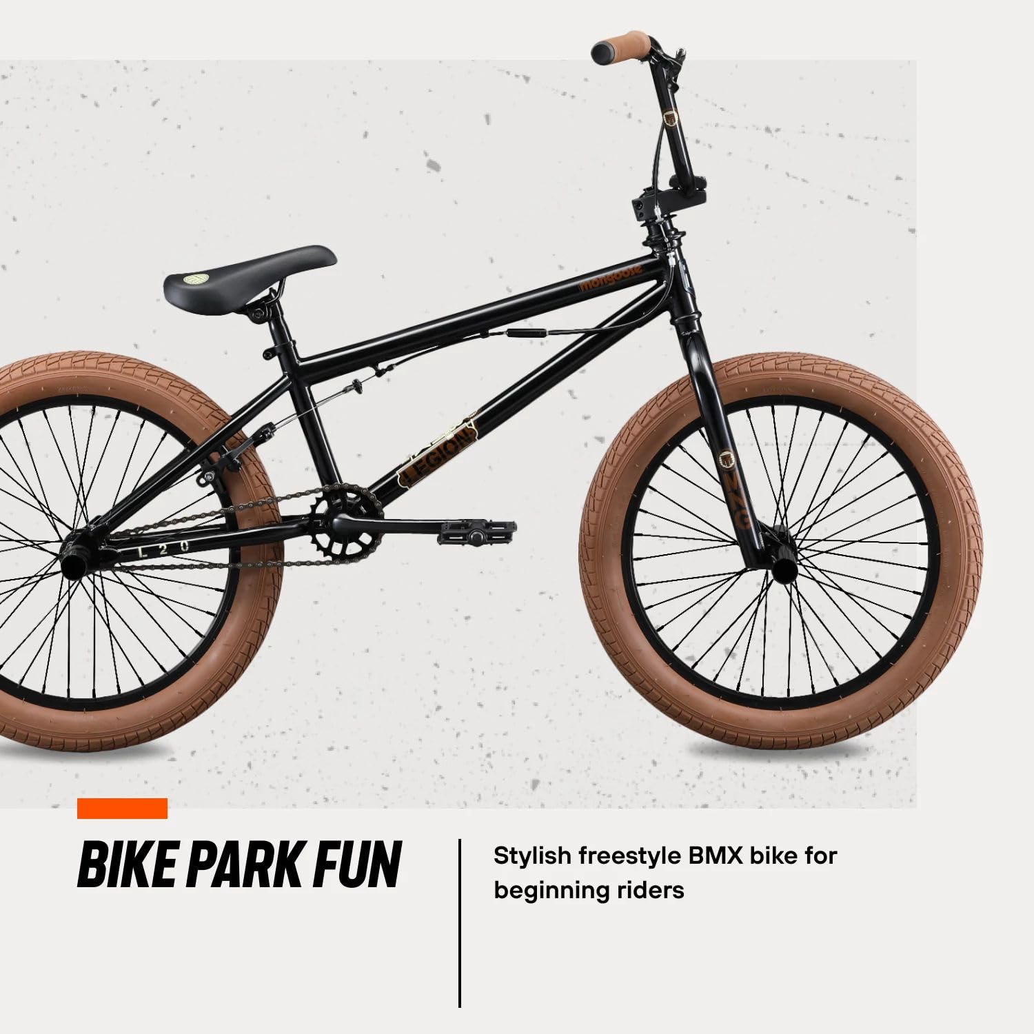 Mongoose Legion L20 Kids Freestyle BMX Bike, Intermediate Rider, Boys and Girls Bikes, 20-Inch Wheels with 4 Axle Pegs, Hi-Ten Steel Frame, Micro Drive 25x9T BMX Gearing, Black